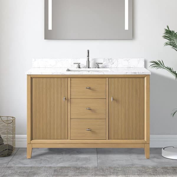 Caldwell 48 in. Single Sink Freestanding Natural Oak Bathroom Vanity with Arabescato White Engineered Marble Top