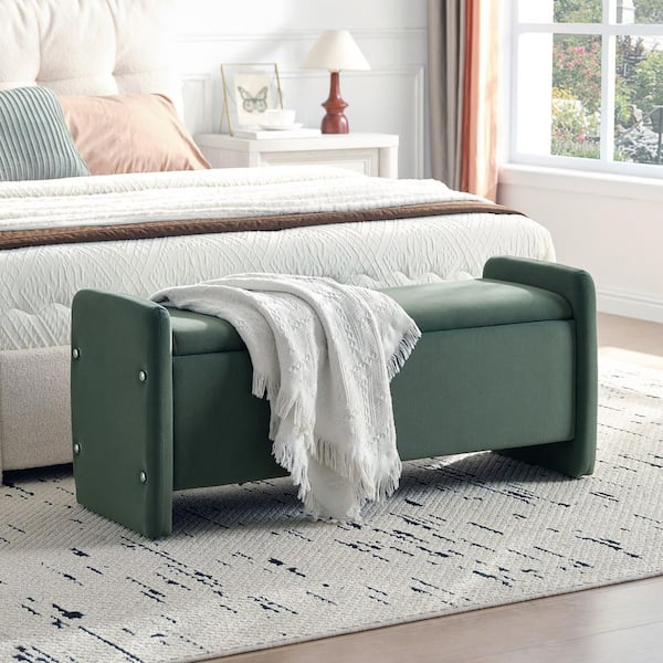 44 in. Linen Rectangular Ottoman Bench with Storage in Olive Green