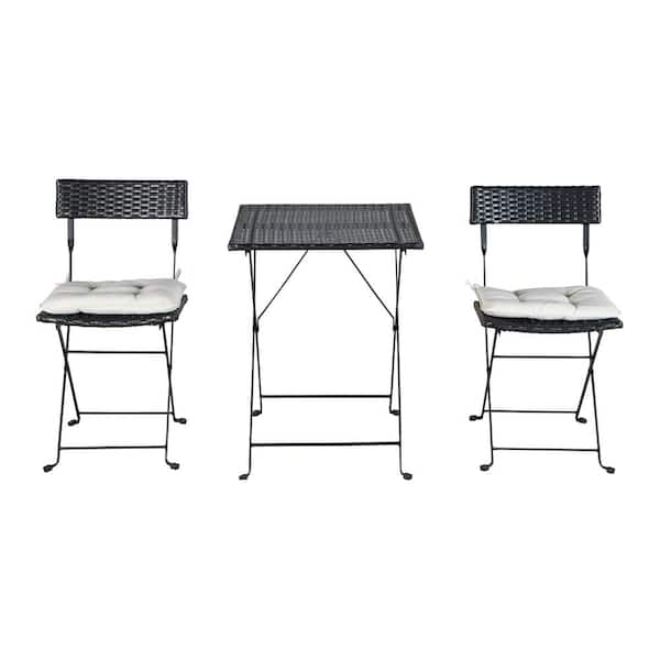 SUNRINX 3-Piece Patio Wicker Folding Outdoor Bistro Set with Beige Cushions