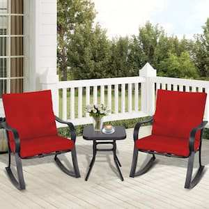 3-Piece Metal Outdoor Bistro Set Rocking Chairs with Red Cushions