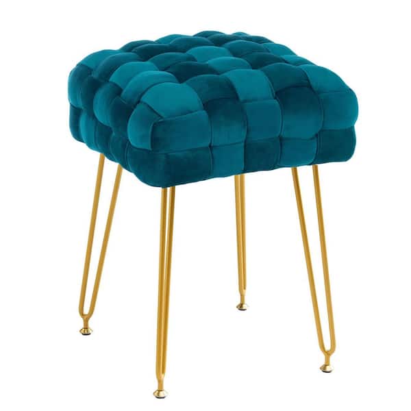 LUE BONA 18.5 in. Blue Green Gold Metal Legs Velvet Vanity Stool Rectangle Ottoman Foot Stool Upholstered Make-Up Bench