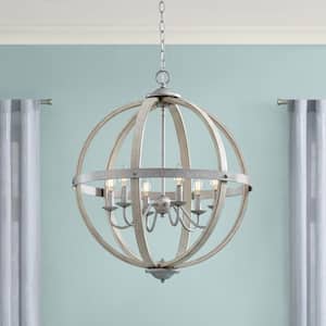 Keowee 24 in. 6-Light Galvanized Farmhouse Orb Chandelier with Antique White Wood Accents