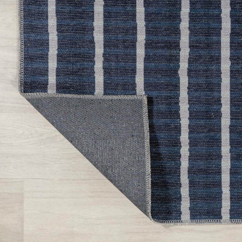Ivory and Navy Striped 8' x 10' Machine-Washable Rug