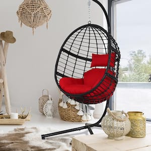 78 in. Black Wicker Outdoor Basket Swing Chair with Stand and Red Cushion