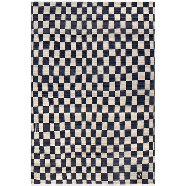 nuLOOM Dominique Abstract Checkered Fringe Navy 2 ft. 8 in. x 7 ft. 10 in. Runner Rug