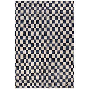 Dominique Abstract Checkered Fringe Navy Doormat 3 ft. 3 in. x 5 ft. Accent Rug