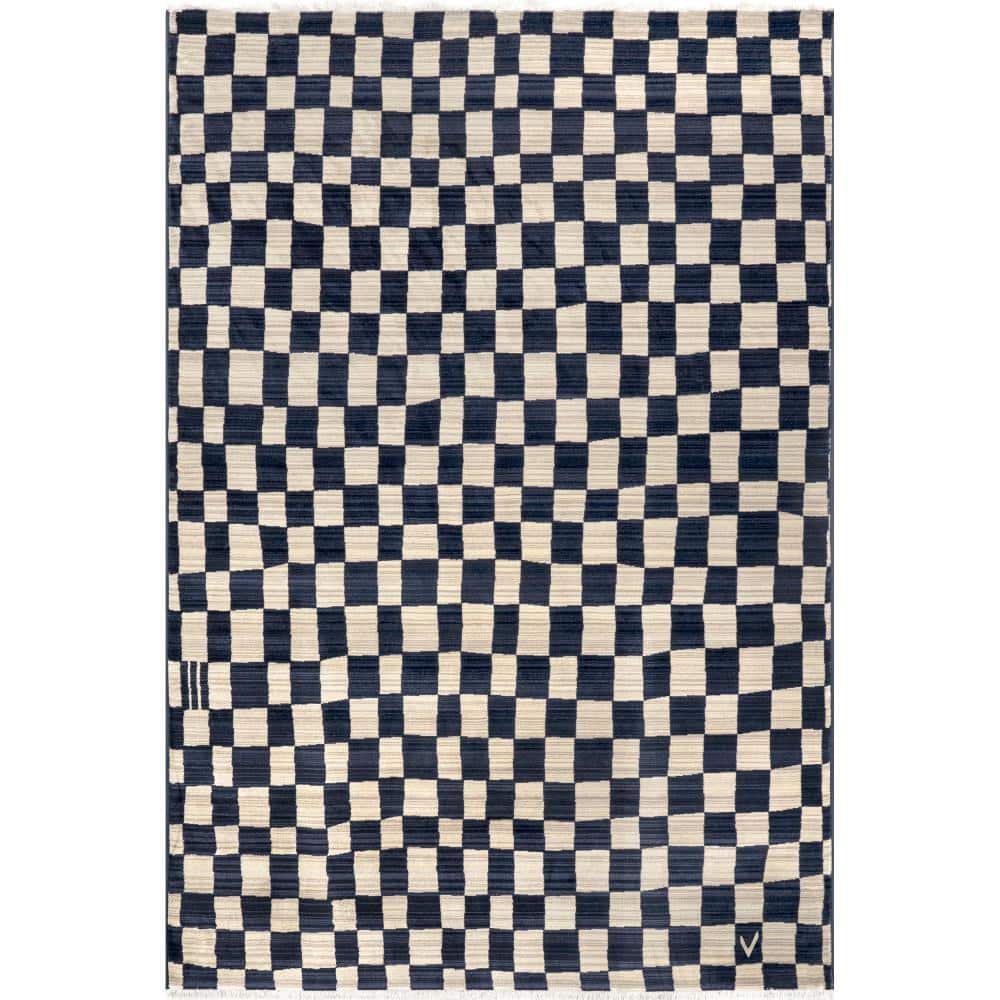 Navy and Beige Geometric Synthetic 8' x 10' Area Rug