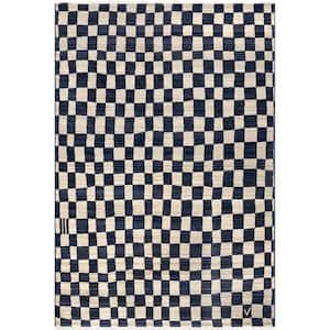 Dominique Abstract Checkered Fringe Area Rug Navy 6 ft. 4 in. ft. x 6 ft. 4 in. ft. Area Rug