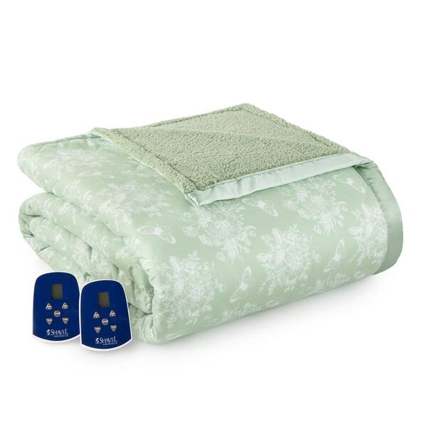 Micro Flannel Sherpa Reverse Full Toile Celadon Electric Heated Blanket
