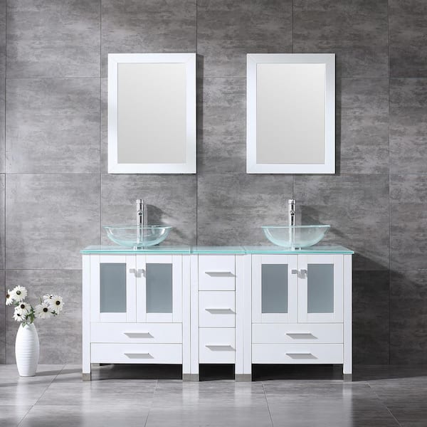 60 in. W x 21.5 in. D x 61 in. H Double Sinks Bath Vanity in White with Glass Top and Mirror