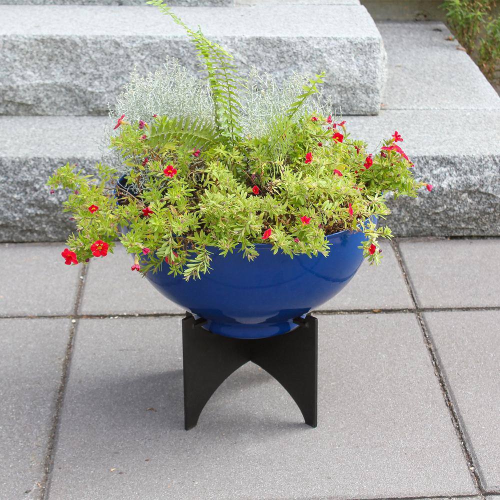 Norma 16'' French Blue Galvanized Steel Planter with Black Stand