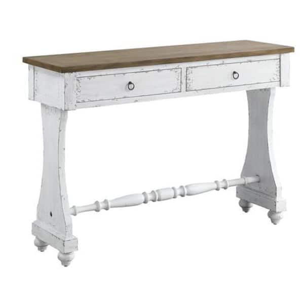 48 in. White and Brown Rectangle Wood Top Console Table with 2-Drawer and Ring Metal Handles