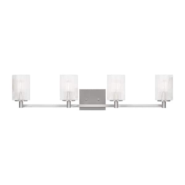 Generation Lighting Lando 35 in. W 4-Light Brushed Steel Bathroom Vanity Light with Clear Fluted Glass Shades and LED Bulbs Included