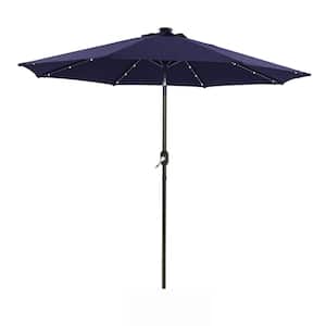 9 ft. Market Solar 32 LED Lights Octagonal Outdoor Patio Umbrella with Tilt and Crank Mechanism in Navy Blue