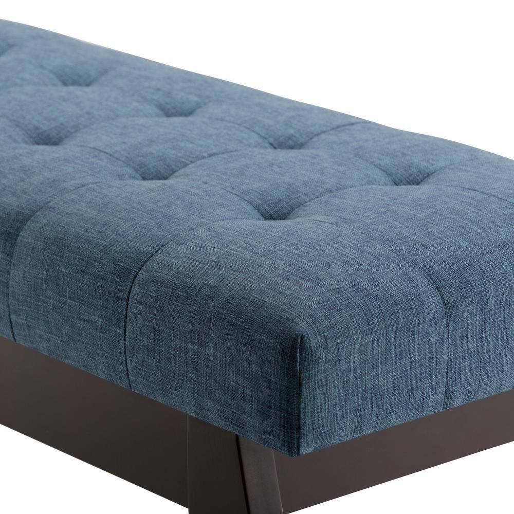 Draper Mid Century Tufted Ottoman Bench in Denim Blue Linen