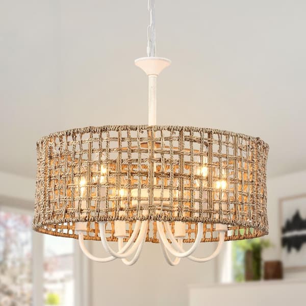18 in. 6-Light Distressed White Bohemian Candle Drum Chandelier with Hand-Woven Rattan Shade for Bedroom Restaurant Bar