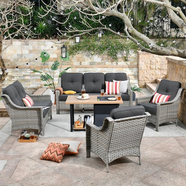 HOOOWOOO Verona Grey 5-Piece Wicker Outdoor Patio Conversation Sofa Loveseat Set with a Storage Fire Pit and Black Cushions