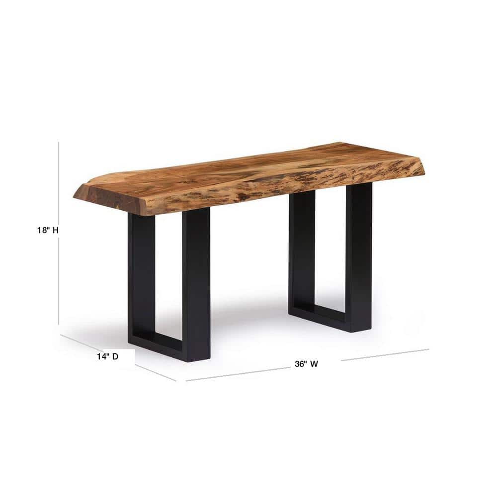 Alpine Natural Acacia Wood Live Edge Bench with Metal Legs