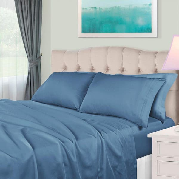 650 Thread Count 4-Piece Solid Medium Blue Egyptian Cotton Solid Twin Deep Pocket Sheet Set