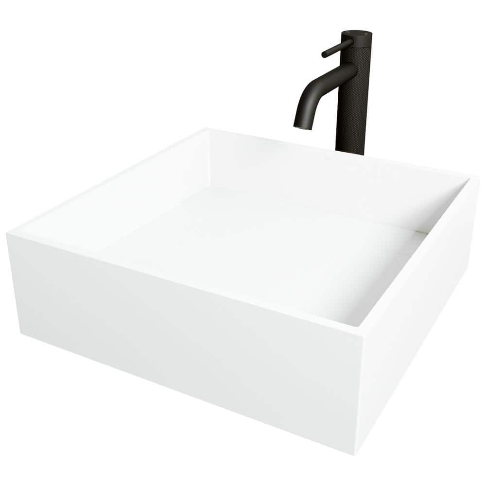 VIGO Matte Stone Montauk Composite Square Vessel Bathroom Sink in White with Lexington Faucet and Drain in Matte Black