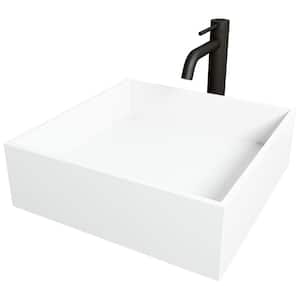 Matte Stone Montauk Composite Square Vessel Bathroom Sink in White with Lexington Faucet and Drain in Matte Black
