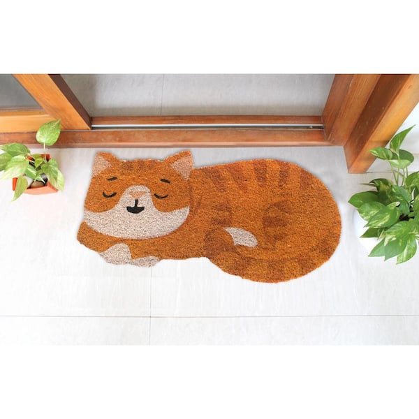 RugSmith Orange Sleeping Cat Shaped Multi 30in. x 16in. Door Mat