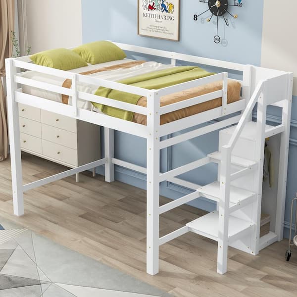 Wood White Full Size Loft Bed with Built-in Wardrobe and Staircase