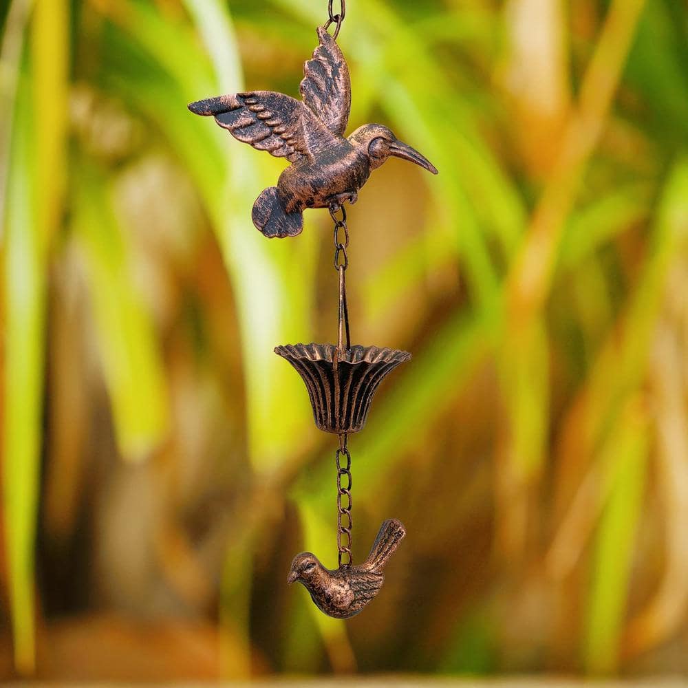 8.5 ft Antique Copper Hummingbird and Flower Metal Rain Chain