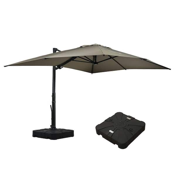 Mondawe 10 ft. x 13 ft. Aluminum Cantilever Outdoor Tilt Patio Umbrella in Taupe with LED Light, Base Weight Stand