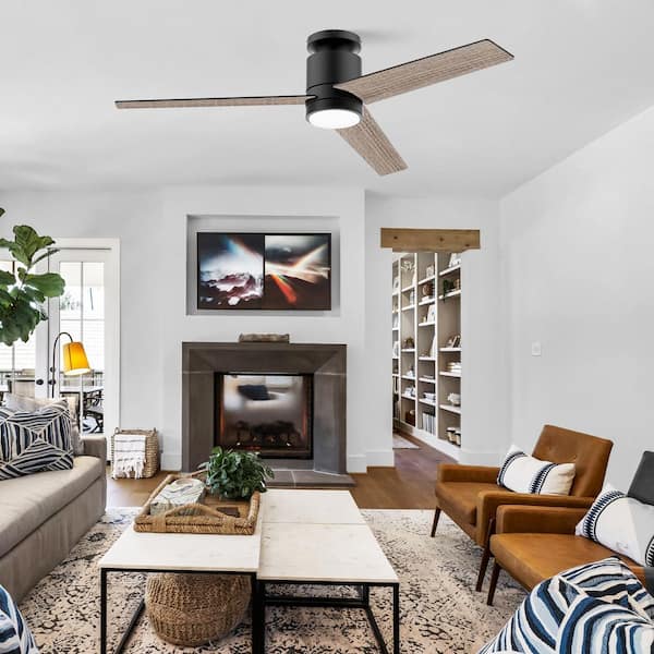 52 in. Smart Outdoor Indoor Black Flush Mount Ceiling Fans with Lights Remote Voice Control Via WIFI Alexa App Dimmable