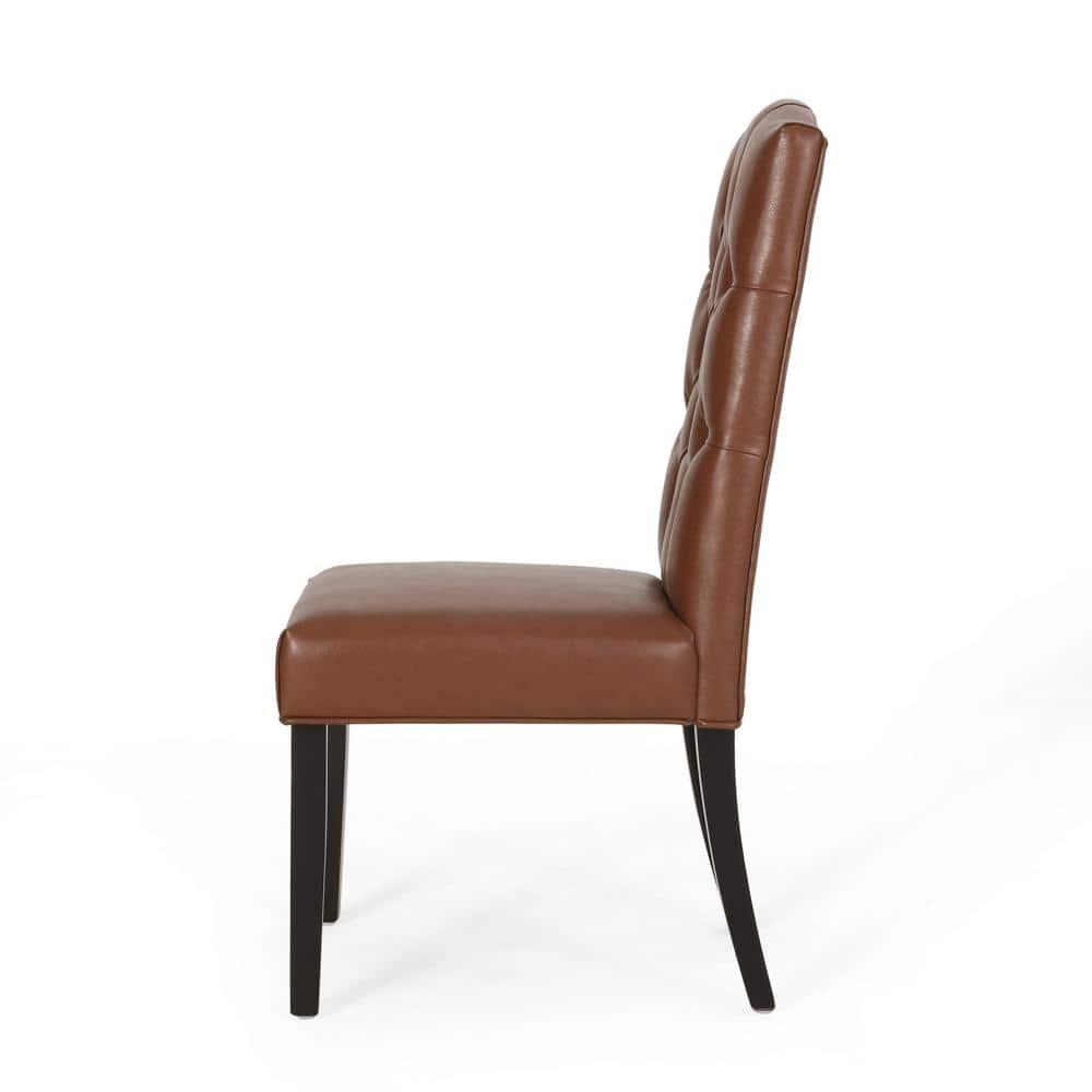Set of 2 Cognac Brown Faux Leather High-Back Wood Dining Chairs