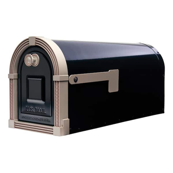 Architectural Mailboxes Brunswick Black, Large, Steel, Post Mount Mailbox with Brushed Nickel Flag