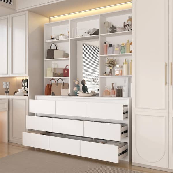 White 9-Drawers 63 in. W Dresser Closet System With Shelves and Mirror for Bedroom Living Room Fitting Room, White