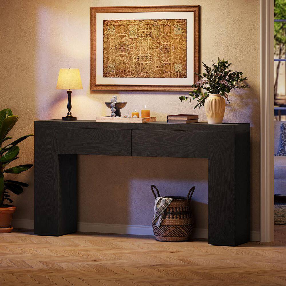 BYBLIGHT Turrella 63 in. Black Rectangular Wood Console Table with 2 ...