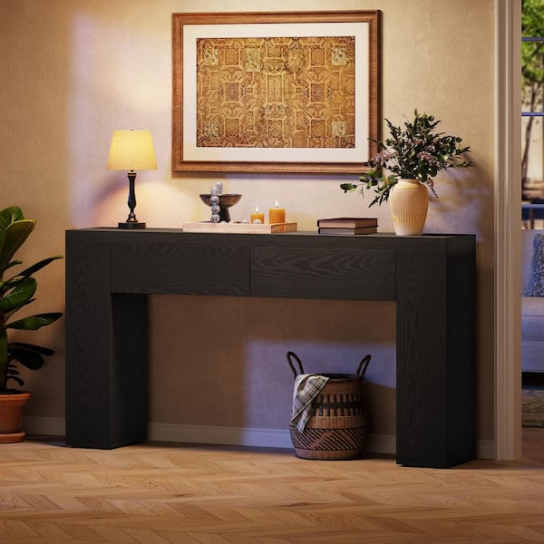 BYBLIGHT Turrella 63 in. Black Rectangular Wood Console Table with 2 ...