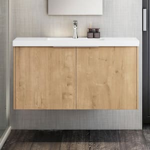 Modern 18.11 in. W x 36 in. D x 19.29 in. H Wall Hung Bath Vanity Cabinet in Imitative Oak with White Resin Top Sink