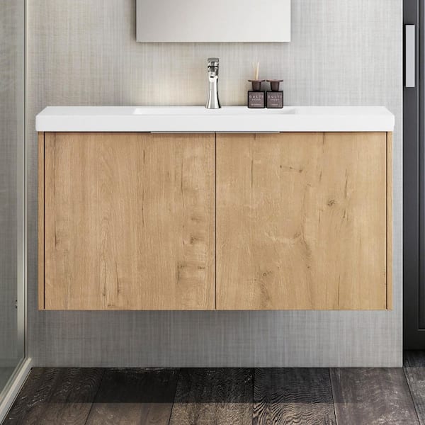 UPIKER Modern 18.11 in. W x 36 in. D x 19.29 in. H Wall Hung Bath Vanity Cabinet in Imitative Oak with White Resin Top Sink