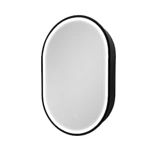 21 in. W x 31 in. H Oval Black Iron and Aluminum Surface Mount LED Anti Fog Large Storge Medicine Cabinet with Mirror