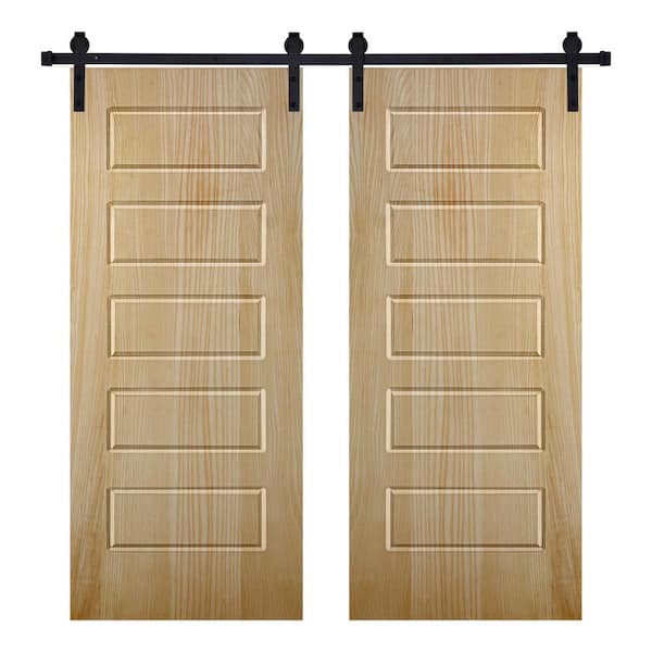 Modern 5 Panel Designed 72 in. x 96 in. Wood Panel Mother Nature Painted Double Sliding Barn Door with Hardware Kit