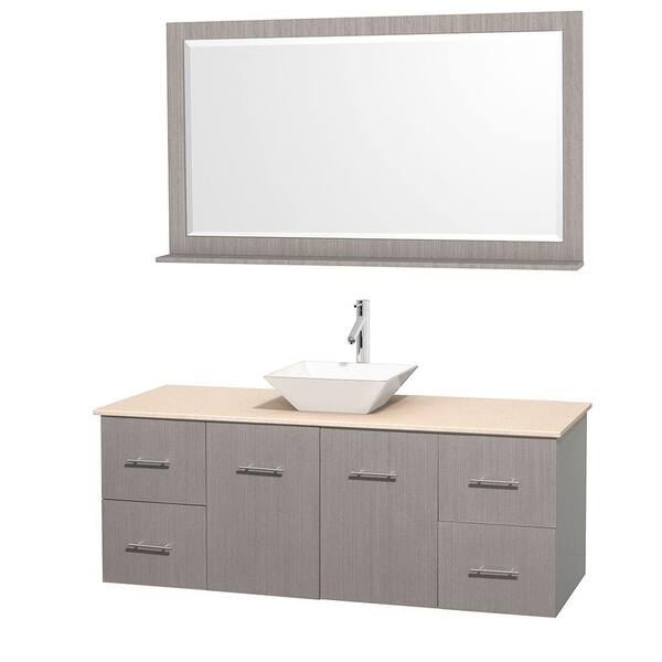 Wyndham Collection Centra 60 in. Vanity in Gray Oak with Marble Vanity Top in Ivory, Porcelain Sink and 58 in. Mirror