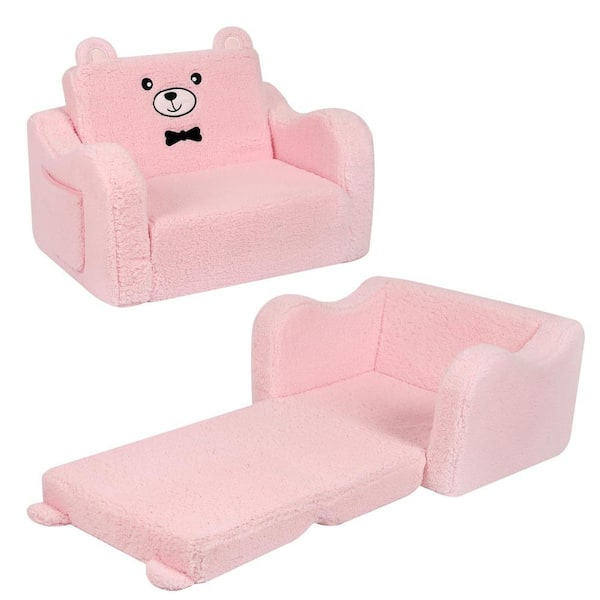 Pink Polyester 2-in-1 Kids Sofa Chairs, Teddy Bear Sherpa Couch for Girls Boys Toddler Pet
