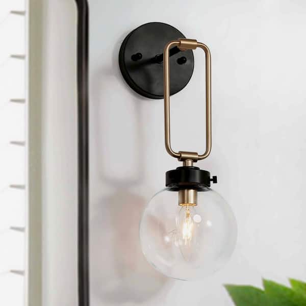 Uolfin 14.5 in. H Transitional Globe Bathroom Wall Sconce 1-Light Industrial Black and Brass Round Wall Light for Bedroom