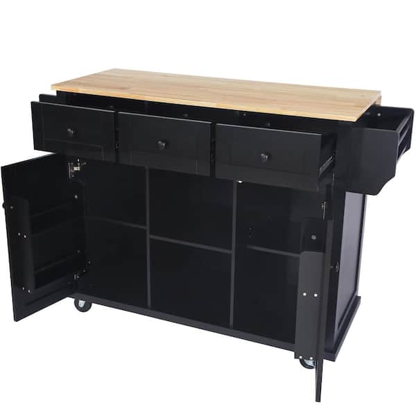 Black Wood 53 in. Kitchen Island with Drop Leaf Countertop, Storage Cabinet and 3-Drawers on 5 Wheels for Dinning Room