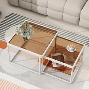 23.6 in. White Square Tempered Glass Top Nested Coffee Table Set with Metal Frame