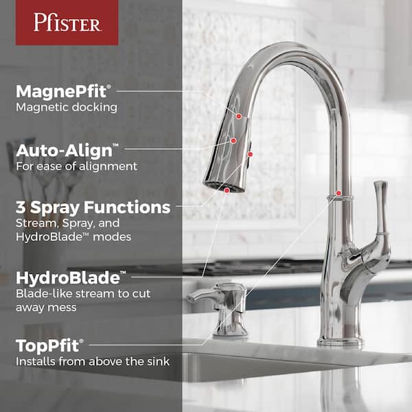 Pfister Alderwood Polished Chrome Single Handle High-Arc Kitchen Faucet with Deck Plate and Soap Dispenser Included
