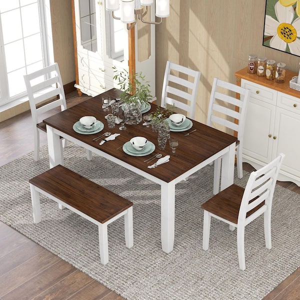 Walnut an White 6-Piece Wood Top Dining Table with 4 Chairs and a Bench