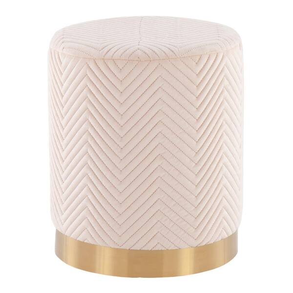 Lumisource Marla Cream Velvet and Gold Steel Chevron Ottoman