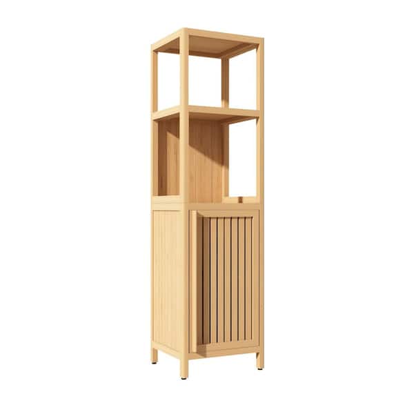 14.09 in. W x 12.99 in. D x 52 in. H Natural Brown Bamboo Linen Cabinet Slim Bath Linen Tower w/1 Door and 2 OpenShelves
