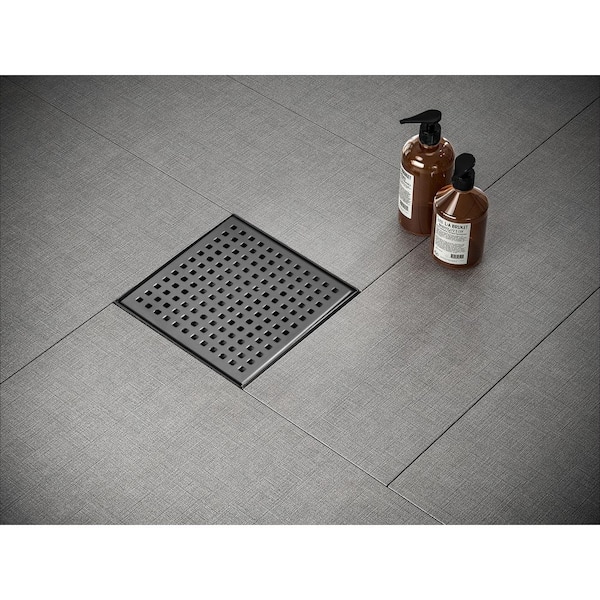 4 in. Square Stainless Steel Shower Drain with Square Hole Pattern, Matte Black