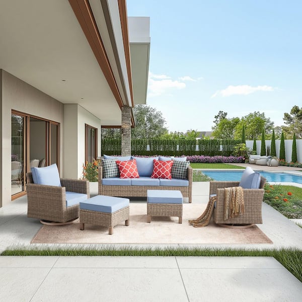 Summax 5-Piece Wicker Patio Conversation Set with Blue Cushions